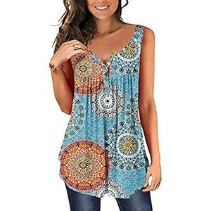 Damesblouse met knopen, V-hals, vintage bloemenprint, top, mouwloos, plooien, grote maten, vest, comfortabel, losse pasvorm, T-shirt, basic shirt, tuniek, tops, T-shirt, blauw, groen, rood, wit, S, M,