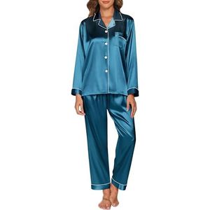 Pyjama Dames Satijnen Pyjama Set met knoopsluiting, Tweedelige Zijden Pyjama Voor Dames, V-hals Zachte Zijden Pyjama Nachtkleding, Loungewear Voor Alle Seizoenen