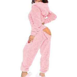 Vrouwen Sexy Onesie Pyjama Butt Button Terug Flap Jumpsuit Sherpa Romper Nachtkleding Een Stuk Rits Bodycon Leuke Oor Kap,Roze,M
