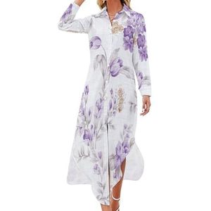 Lavendel paarse bloemenprint dames maxi-jurk lange mouwen knopen overhemd jurk casual feest lange jurken M