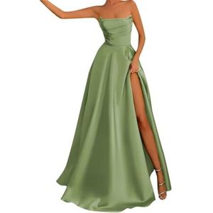 BRIGOW Satijnen bruidsmeisjesjurk voor bruiloft met split mouwloze galajurken plooien cocktailjurk grote maten, Sage Groen, 32