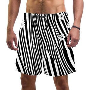 PAFEFO Zwart Wit Strepen Bloemen Mannen Board Shorts, Sneldrogend Strand Zwemmen Sport Suits met Zakken, Zwart Wit Strepen Bloemen, XXL