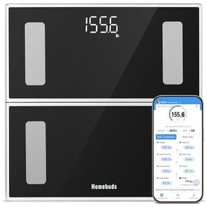 Homebuds Badkamerweegschaal, Hoge Precisie in 0,05kg Verzekerd door Professionele Fabriek van de Weegschaal SINCE 2001, App Sync 13 Lichaamssamenstelling inclusief BMI en Lichaamsvet, 180kg, LED Zwart