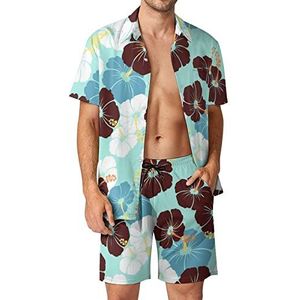 Hawaiiaanse hibiscus bloemen heren Hawaiiaanse bijpassende set 2-delige outfits button down shirts en shorts voor strandvakantie