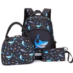 Galaxy-print schooltas rugzak voor jongens middelbare school elementaire boekentas, Haai - 3 stuks, 3Pcs Backpack Set, Rugzak Rugzakken