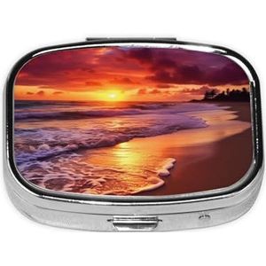 Mooie strand zonsondergang print pillendoos vierkant pillendoosje 2 compartimenten kleine metalen medicijnorganisator draagbare reizen pillendoos voor zak portemonnee schattige mini-pillencontainer om