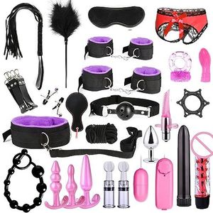 28 Pieces Kit | SM Bondage Sets | Restraint Kits for Women and Couples | Bed Restraints Sex Toys | BDSM Adult Games | Cuffs Nipple Clamps Blindfold Spanking Paddle (Option 2, Purple)