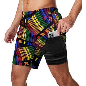 LGBT Pride Barcode Zwembroek voor heren, sneldrogend, 2-in-1 strandsportshorts met compressieliner en zak