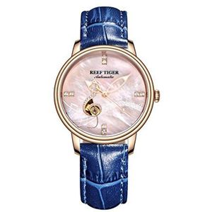 REEF TIGER Designer Mode Horloges Voor Vrouwen Rose Goud Roze Sheel Dial Automatische Horloges RGA1582, Rga1582-ppl, riem