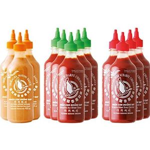 FLYING GOOSE Sriracha scherpe chilisauzen mengdoos (in 3 smaken, kruidensaus uit Thailand) 12 stuks à 455 ml (5 x scherp, 4 x zeer scherp, 3 x Mayoo)