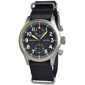 Baltany Retro Quartz Chronograaf Horloge Rvs Case Nylon Band 100 M Waterdichte Multifunctionele Militaire Horloges, Zwart