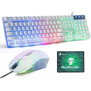 Gaming Toetsenbord en Muis Sets UK Layout, Lexon tech Rainbow LED Backlit Bedraad Toetsenbord en Muis Combo, Mechanisch Gevoel USB Gamer Toetsenbord met 2400 DPI 6 Knoppen Optische Regenboog Gaming