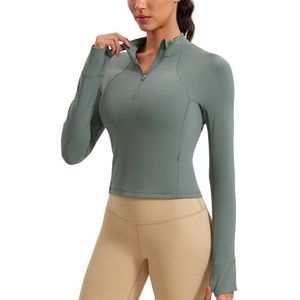CRZ YOGA Vrouwen Butterleuse 1/2 Rits Lange Mouw Shirt Sport Pullover Crop Tops Fitness Gym Running Sweatshirt met Duimgat Grijze Salie M