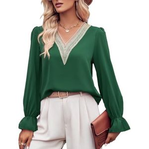 2024 Vrouwen Sexy Kanten Rand V-hals Shirts Chic Gesmokte Bladerdeeg Lange Mouw Tops Solid Casual Losse Tuniek Blouses (Color : Dark green, Size : XL)
