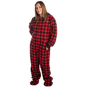 Hoodie Voet Buffalo Rood Zwart Fleece Volwassen Onesie Pyjama met DropSeat, Rood, M