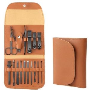 Premium 16-delige nagelverzorgingsset voor thuis, roestvrijstalen tondeuse, pedicureset en reiskoffer inbegrepen manicureset (bruin 16 stuks set)