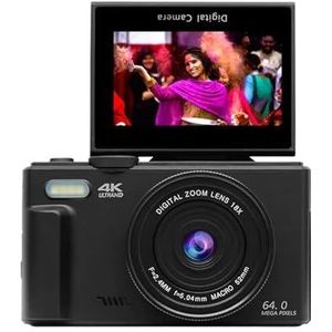 4K Digitale Camera For Fotografie En 18x Zoomcamera Compacte Vlogcamera 180° Klapscherm Met Flits Heldere Gedetailleerde Beelden(Black 64GB Card)