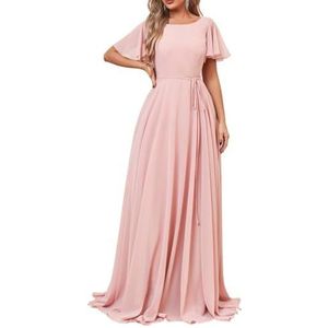 Damesjurken met korte mouwen, lange bruidsmeisjesjurk, chiffon, formele avondjurken met zakken, Blush Roze, 32