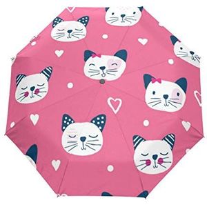 Jeansame Kat Roze Cartoon Dier Vouwen Compacte Paraplu Automatische Regen Paraplu's voor Vrouwen Mannen Kid Jongen Meisje