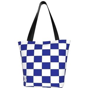 Schoudertas, canvas draagtas grote tas vrouwen casual handtas herbruikbare boodschappentassen, blauw en wit geruit patroon, zoals afgebeeld, Eén maat