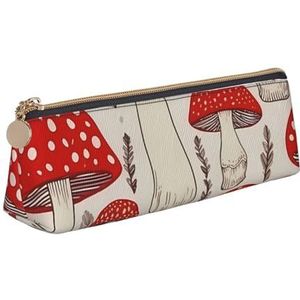 Dwrepo Lederen etui voor vrouwen mannen potlood tas met rits draagbare etui rood wit paddestoel pen tas kleine make-up tas munt zakje voor werk kantoorbenodigdheden
