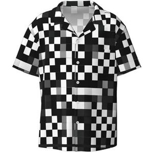 EdWal Zwart Wit Formule Geruit Patroon Print Heren Korte Mouw Button Down Shirts Casual Losse Fit Zomer Strand Shirts Heren Overhemden, Zwart, 4XL