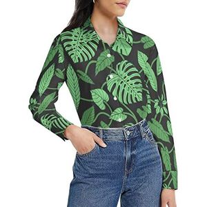 Tropisch patroon met Monstera-bladeren damesshirt lange mouwen button down blouse casual werkshirts tops M