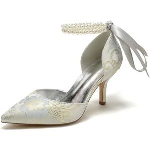 KYEGLO Satijnen Stilettohakken Met Spitse Neus Voor Dames, Bruidsschoenen Met Gesloten Neus En Dubbele Parelriempjes Om De Enkel, Feestelijke Bruiloftsschoenen, Cadeaus Voor Dames,Zilver,36