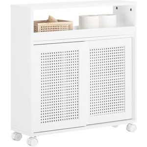 SoBuy Lage Kast, Staande Smalle Opbergkast, Badkamer Kast, Smalle Badkamerkast, Toiletkast, Toiletpapierhouder met 2 Polyrotan Schuifdeuren, 65 x 20 x 70 cm, BZR119-W