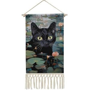Grappige Zwarte Kat Waterlelies Muur Opknoping Met Kwastjes Katoen Linnen Schilderen Tapestry Voor Slaapkamer Woonkamer Decor