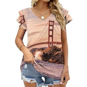 Golden Gate Bridge San Francisco Grafische Blouse Top Voor Vrouwen V-hals Tuniek Top Korte Mouw Volant T-shirt Grappig