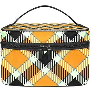 Oranje zwart koffie geruite patroon make-up tas voor vrouwen meisjes cosmetische tassen met handvat reizen make-up organizer tas, Oranje Zwarte Koffie Plaid Patroon, 8.9x5.9x5.4 Inches, Make-up zakje