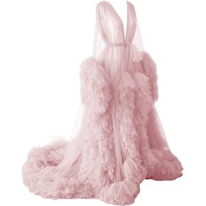 WSEYU Pluizige tule gewaad zwangerschapsjurk voor fotoshoot lange pure bruidsgewaad babyshower jurk plus size, Blozen, 32