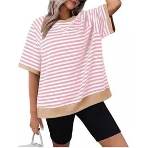 2024 Vrouwen Oversized Gestreept T-shirt Met Korte Mouwen Colorblocked Ronde Hals Basic Loose Fit Shirt Casual Zomer T-shirt top(PinkRed,L)