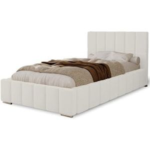 MARPUR POLSTERBED Alma 80x200 cm, bed met hoofdeinde, tweepersoonsbed met bedlade, lattenbodem en matras van hout, veloursstof: wit