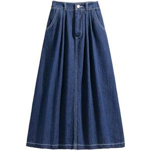 Hoge Taille Denim Lange Rok Vrouwen Koreaanse Stijl Vintage Effen Kleur All-Match Jean Rokken, Donkerblauw, XL