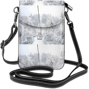 Winter Old Cable Ski Lift Lederen Cross Body Flip Telefoon Tas Met Afneembare Schouderbanden, Gebruikt Voor Reizen, Dating, Vakantie Geschenken, Zwart, Eén maat