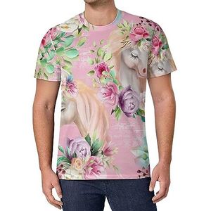 Aquarel Pioen Bloem Eenhoorn Mannen Korte Mouw T-shirt Causale Ronde Hals Tee Mode Zomer Tops