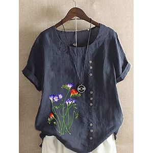 Vrouwen zomer ronde hals korte mouw t-shirt casual katoen linnen grafisch shirt vrije tijd mode losse gedrukte blouse tops (Color : Navy Blue, Size : XL)