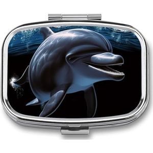 Dolfijn zwart bedrukte draagbare pillencontainer reizen pillen gevallen met spiegel 2 compartimenten geneeskunde doos decoratieve metalen geneeskunde voor zak portemonnee reizen dagelijks