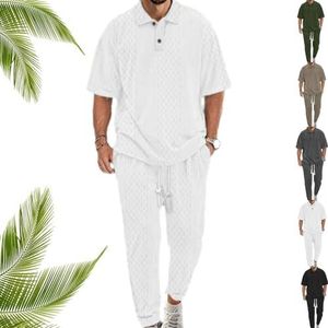 CupitiDU Set van effen jacquard gebreide top en broek voor heren, stijlvolle zomerbroek, set van 2 stuks, outfits voor mannen (wit, 3X-Large)