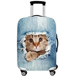 YEKEYI Wasbare Reizen Bagage Cover Grappige Cartoon 3D Denim Dieren Koffer Protector 45-90 cm, Lblue Kat, XL (Suitable for 29""-32"" luggage)