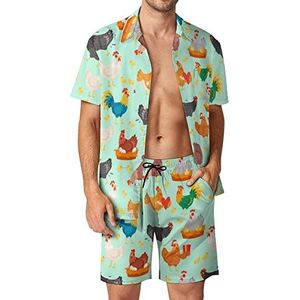 Kippersonages in verschillende houdingen, Hawaiiaanse bijpassende set voor kippen, 2-delige outfits, overhemden en shorts met knopen voor strandvakantie