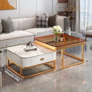 GEIRONV Koffietafel Nesting Set van 2, met Metalen Frame Rock Panel Glazen Salontafel voor Kleine Ruimte Woonkamer Hoge Bijzettafel Nesttafel (Color : White, Size : 60+70cm)