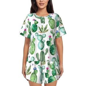 JIAWUJYNB Cactus pyjamaset met bloemenprint voor dames met korte mouwen - comfortabele korte sets, nachtkleding met zakken, Zwart, L