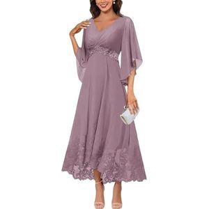 KURFACE Jurken voor dames, V-hals, moeder van de bruid met mouwen, kanten applicatie, chiffon, formele avondjurk, Wisteria, 32
