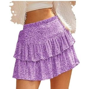 Lewey Sexy mini-rok met pailletten voor dames | Glinsterende A-lijn korte rok met plooien, Paars, S