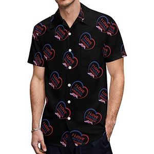 I Love United Kingdom Hawaiiaanse shirts voor heren, casual overhemd met korte mouwen, knoopsluiting, vakantie, strandshirts, L