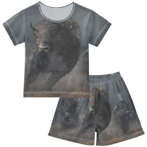 YOUJUNER Kinderpyjama set dieren Buffalo Bison T-shirt met korte mouwen zomer nachtkleding pyjama lounge wear nachtkleding voor jongens meisjes kinderen, Meerkleurig, 12 jaar