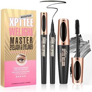 4D-mascara en eyeliner, watervast, met kajalstift, zwart, lang, dikke en duurzame mascara, anti-zweet, anti-vlekken voor de perfecte oogmake-up